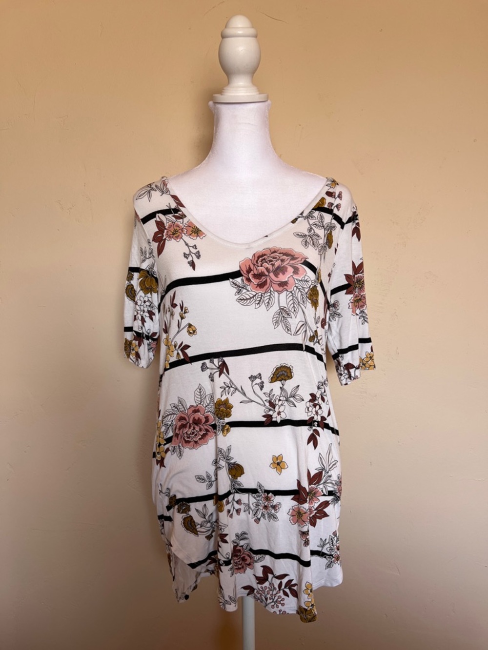 Floral Striped White Women's Top